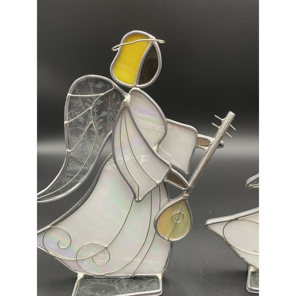 Vintage Stained Glass Angels With Instruments Set Of Two - Picture 10 of 14